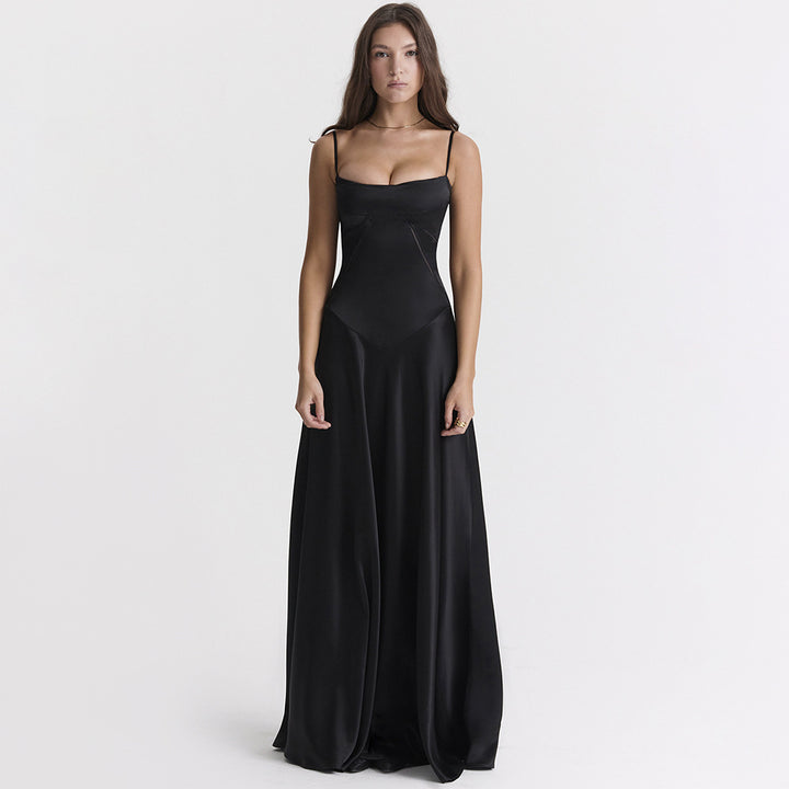 Damen Abendkleid Slim Fit mit Spaghettiträgern und Offenem Rücken – Maxi