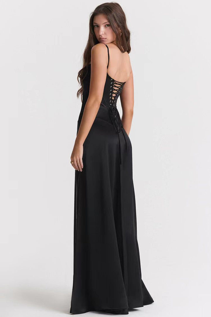 Damen Abendkleid Slim Fit mit Spaghettiträgern und Offenem Rücken – Maxi