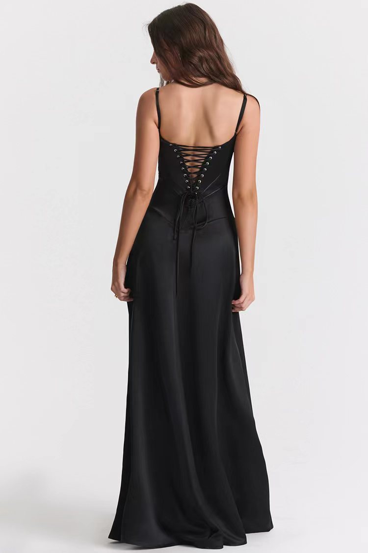 Damen Abendkleid Slim Fit mit Spaghettiträgern und Offenem Rücken – Maxi