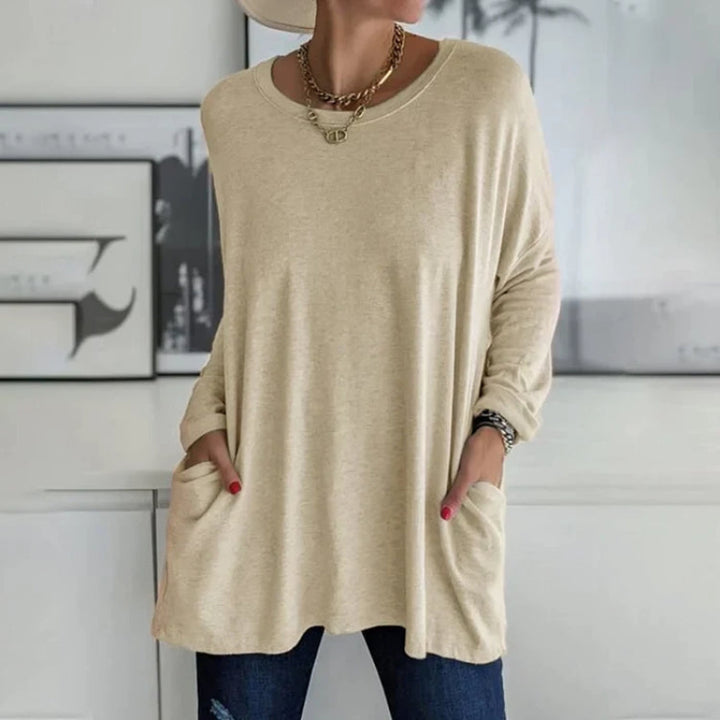 Damen Freizeit Oversized Pullover mit Rundhalsausschnitt - Praktische Taschen