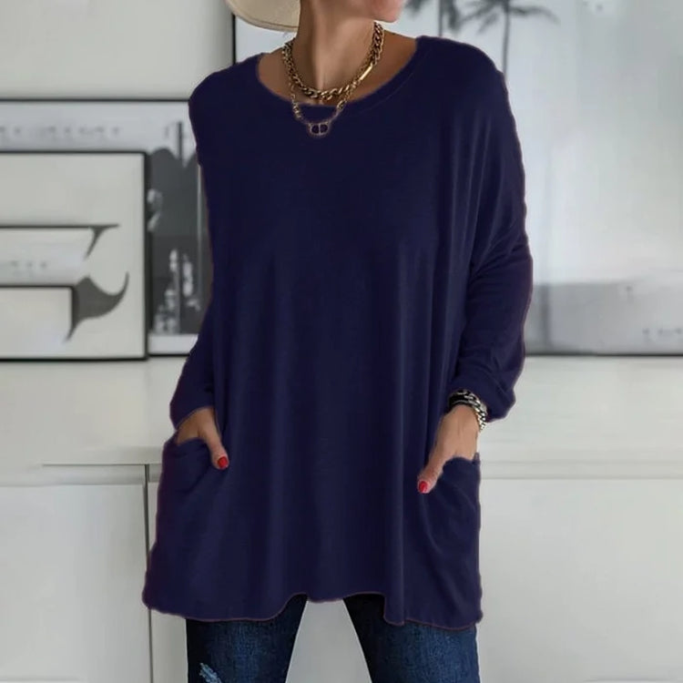 Damen Freizeit Oversized Pullover mit Rundhalsausschnitt - Praktische Taschen