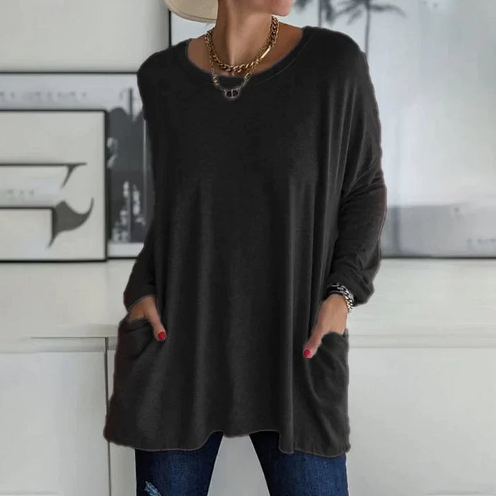 Damen Freizeit Oversized Pullover mit Rundhalsausschnitt - Praktische Taschen