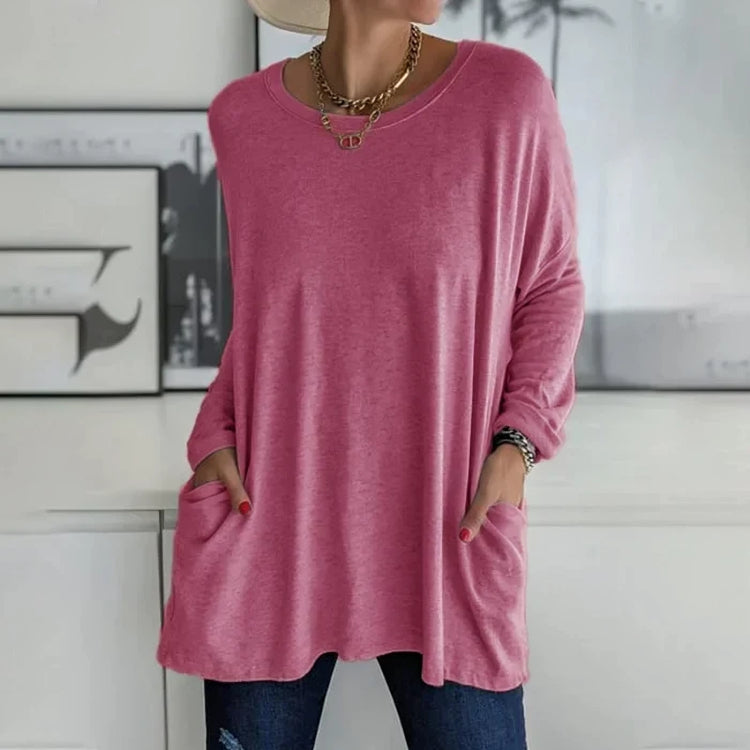Damen Freizeit Oversized Pullover mit Rundhalsausschnitt - Praktische Taschen