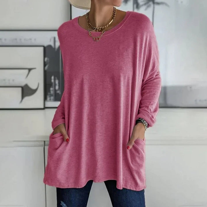 Damen Freizeit Oversized Pullover mit Rundhalsausschnitt - Praktische Taschen