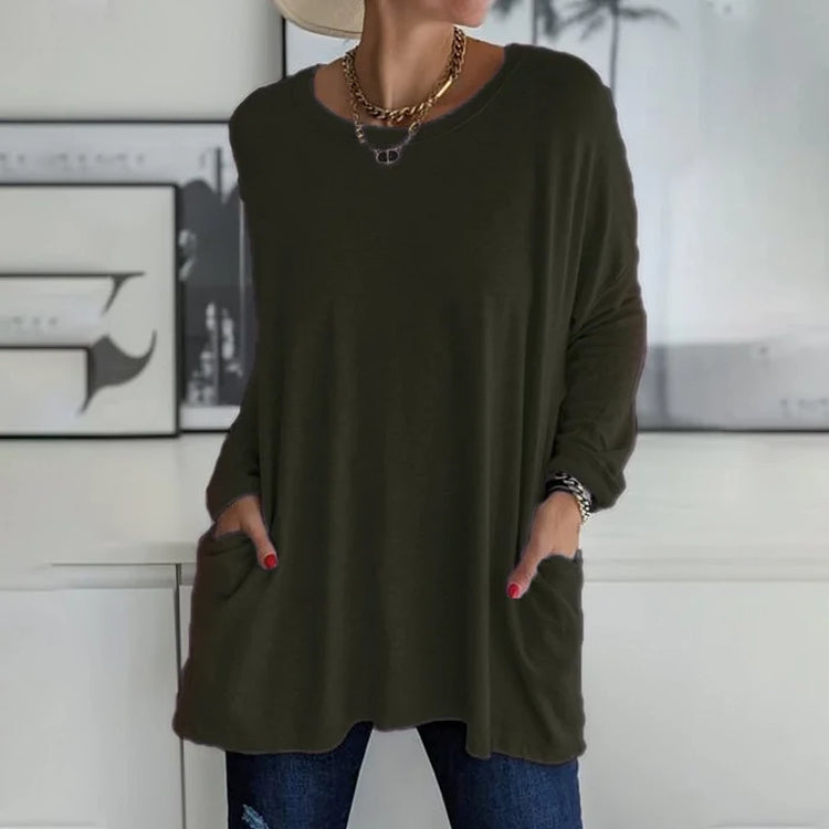 Damen Freizeit Oversized Pullover mit Rundhalsausschnitt - Praktische Taschen