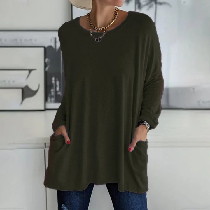 Damen Freizeit Oversized Pullover mit Rundhalsausschnitt - Praktische Taschen