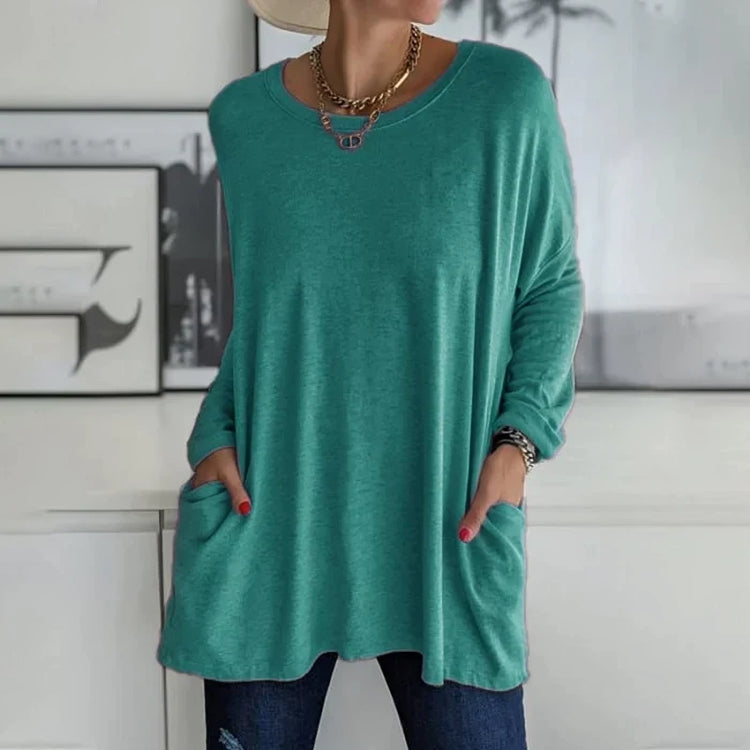 Damen Freizeit Oversized Pullover mit Rundhalsausschnitt - Praktische Taschen