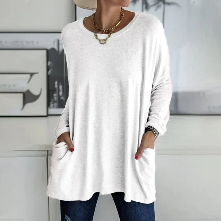 Damen Freizeit Oversized Pullover mit Rundhalsausschnitt - Praktische Taschen