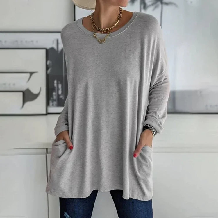 Damen Freizeit Oversized Pullover mit Rundhalsausschnitt - Praktische Taschen