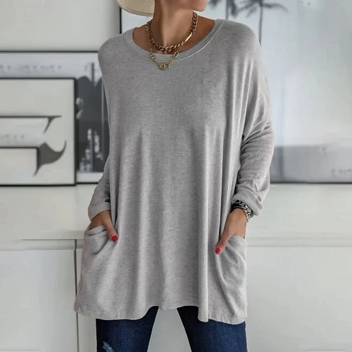 Damen Freizeit Oversized Pullover mit Rundhalsausschnitt - Praktische Taschen