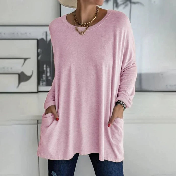 Damen Freizeit Oversized Pullover mit Rundhalsausschnitt - Praktische Taschen