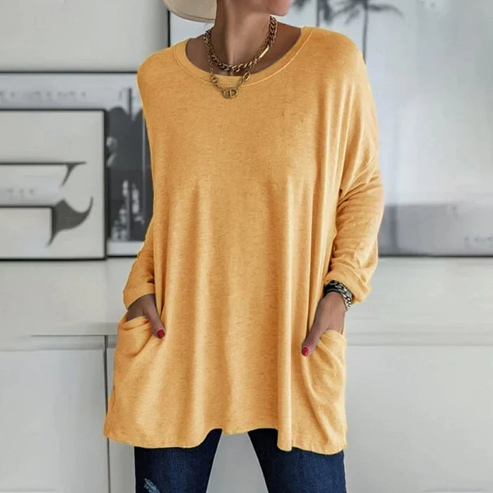 Damen Freizeit Oversized Pullover mit Rundhalsausschnitt - Praktische Taschen