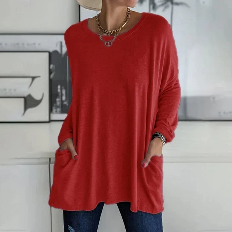 Damen Freizeit Oversized Pullover mit Rundhalsausschnitt - Praktische Taschen