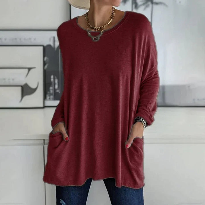 Damen Freizeit Oversized Pullover mit Rundhalsausschnitt - Praktische Taschen