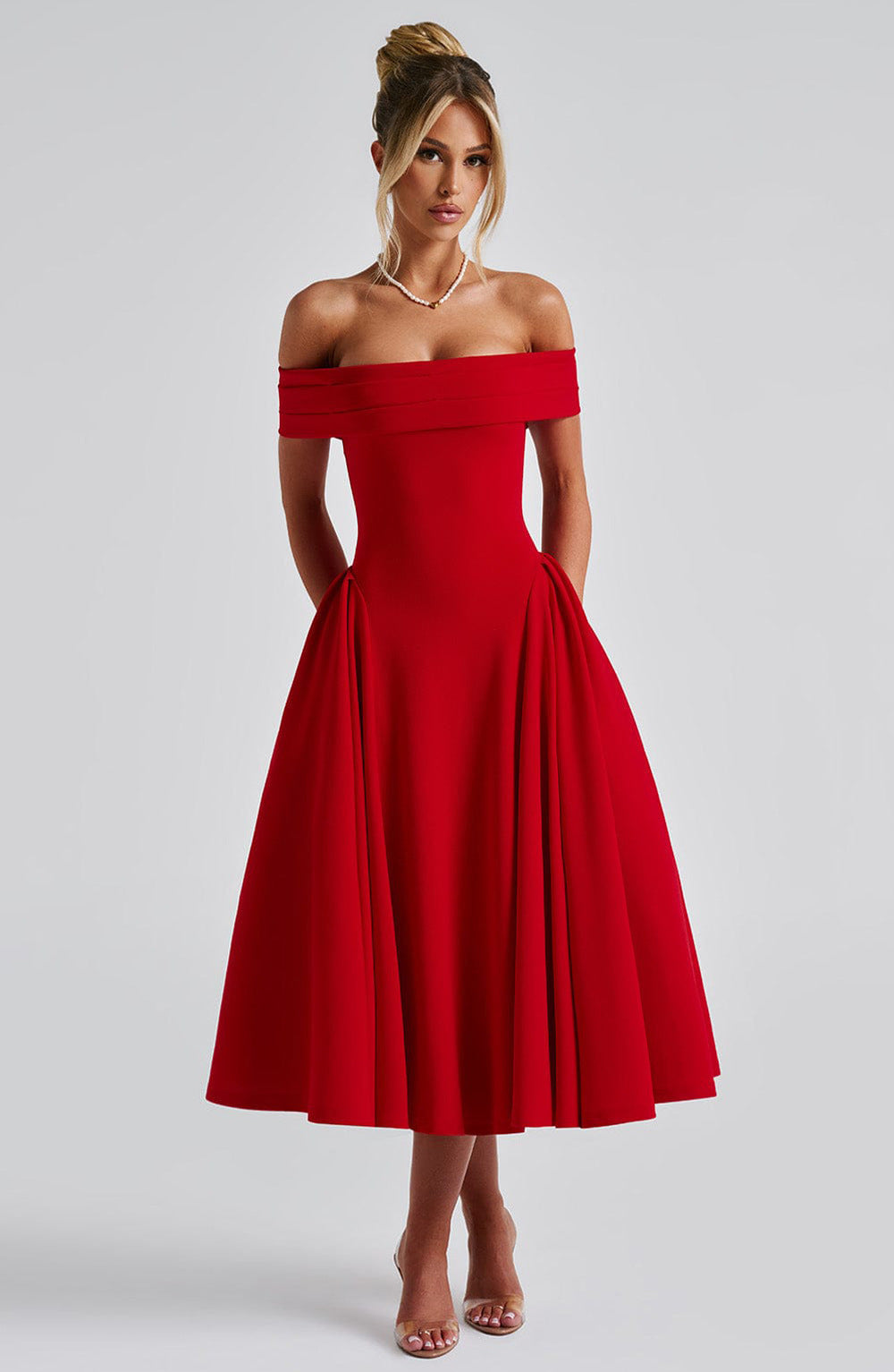 Damen Partykleid mit Schulterfreiem Ausschnitt – Midi