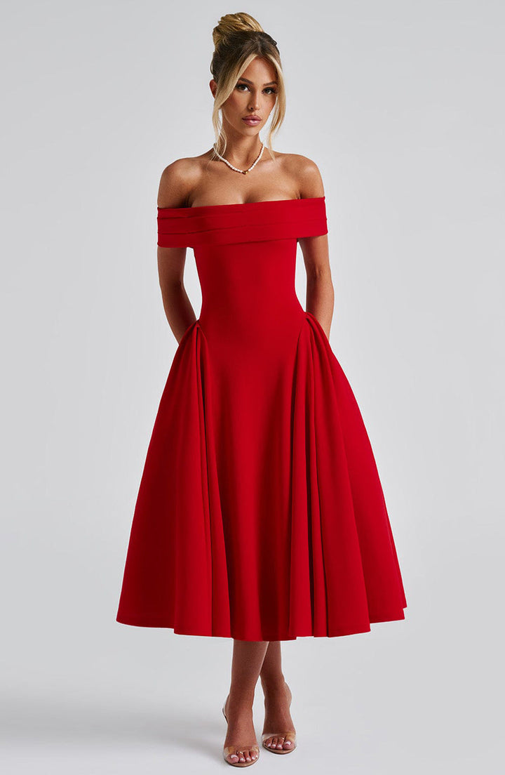 Damen Partykleid mit Schulterfreiem Ausschnitt – Midi