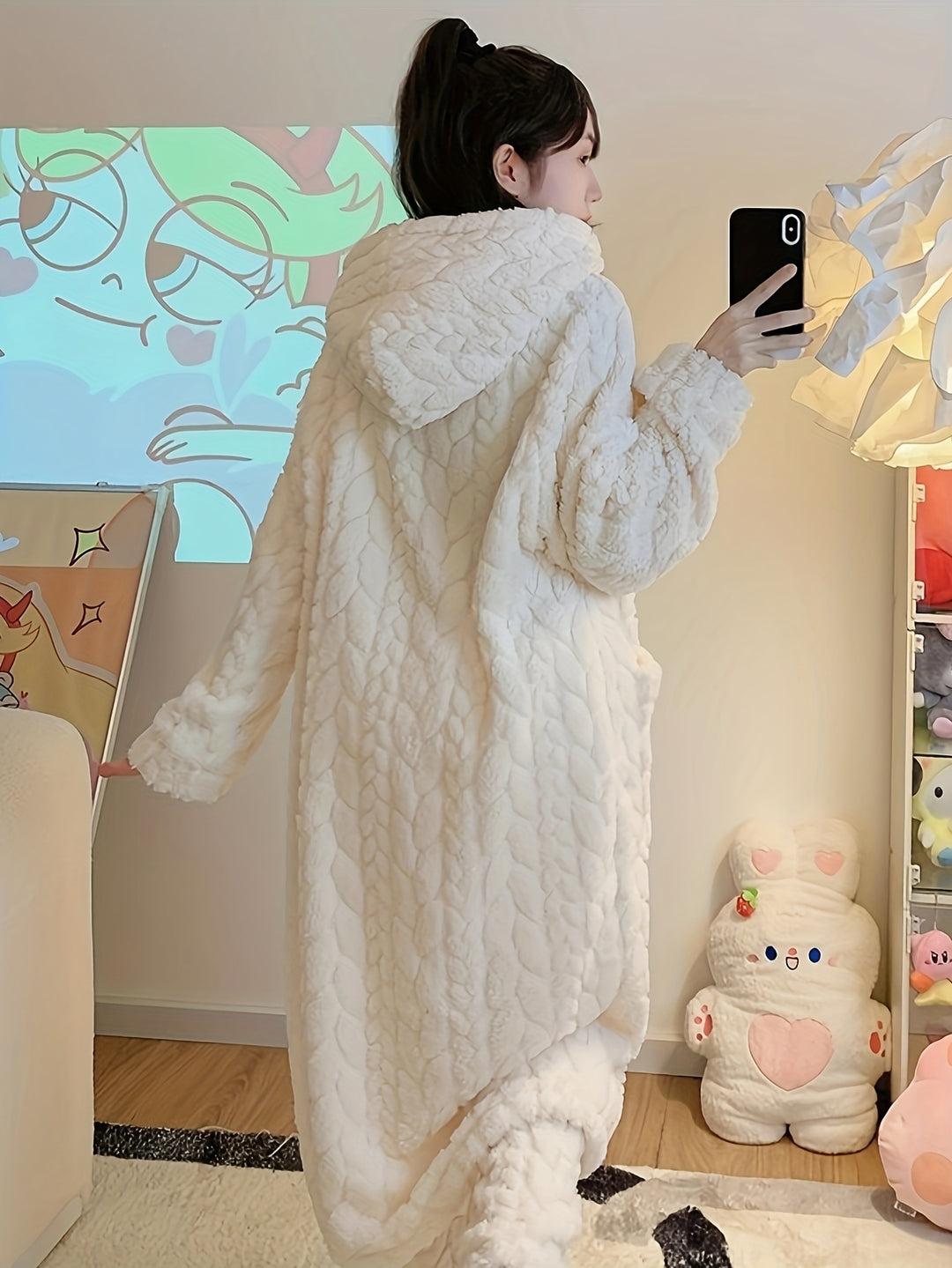 Damen Bademantel Pyjama mit Rippendesign