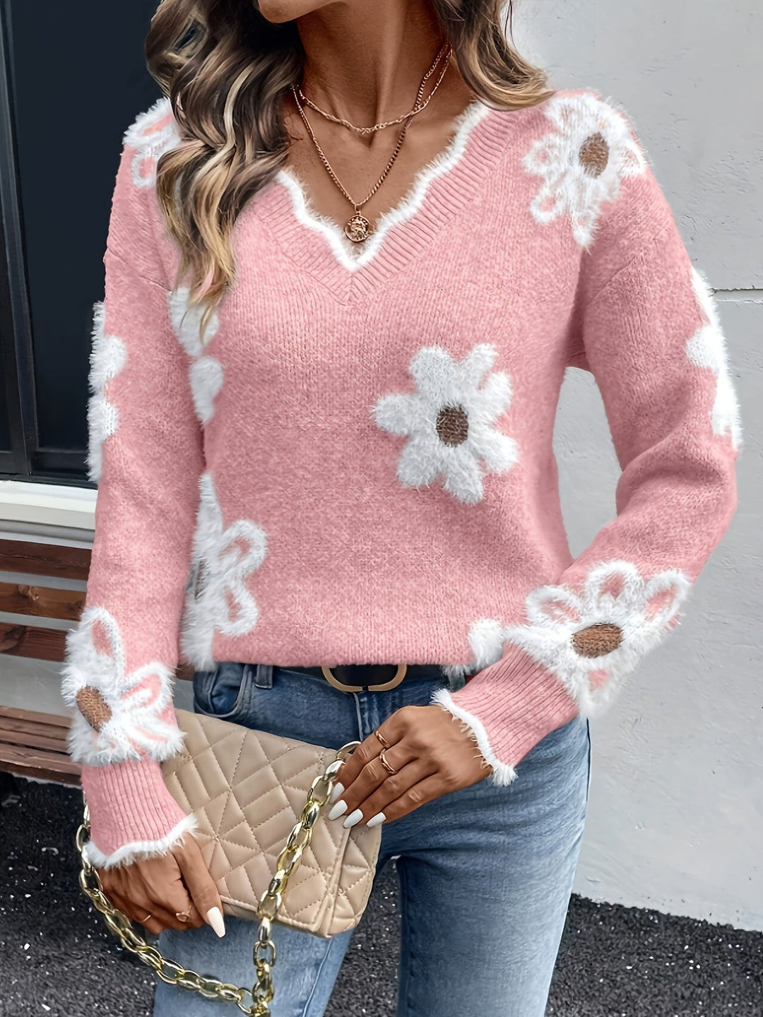 Damen V-Ausschnitt Blumensweater mit Rippbündchen