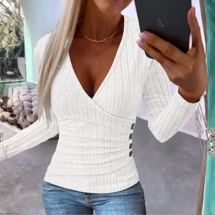 Damen V-Ausschnitt Pullover mit Knopfdetaillierung - Elegantes Design