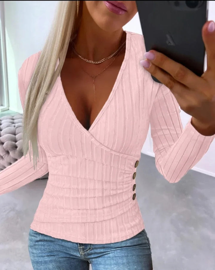 Damen V-Ausschnitt Pullover mit Knopfdetaillierung - Elegantes Design