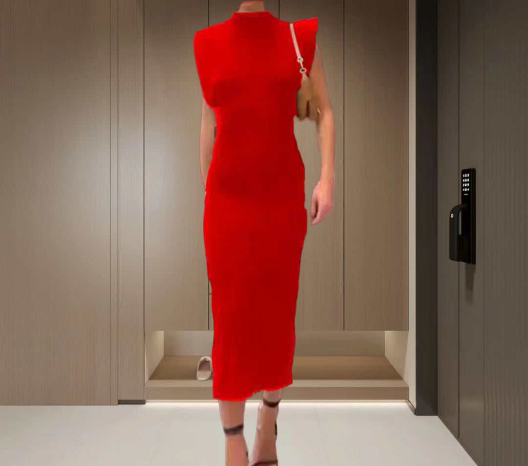 Damen ärmelloses Bodycon Midi Kleid - Hoher Kragen