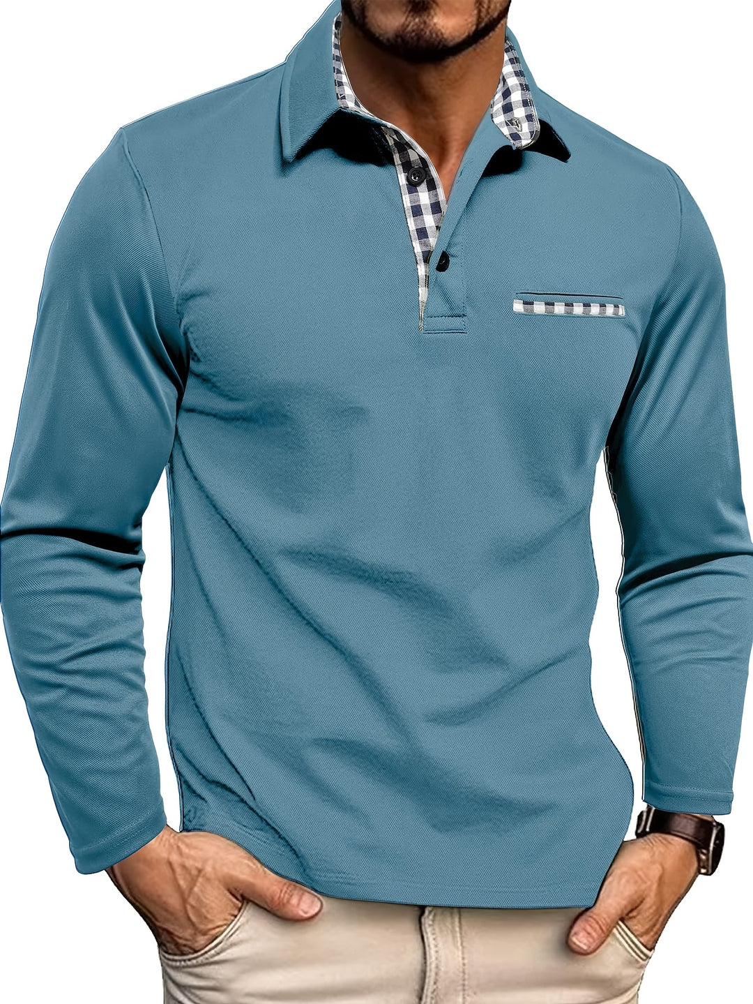 Herren Langarm Hemd mit Knopfleiste - Blockmuster Kragen
