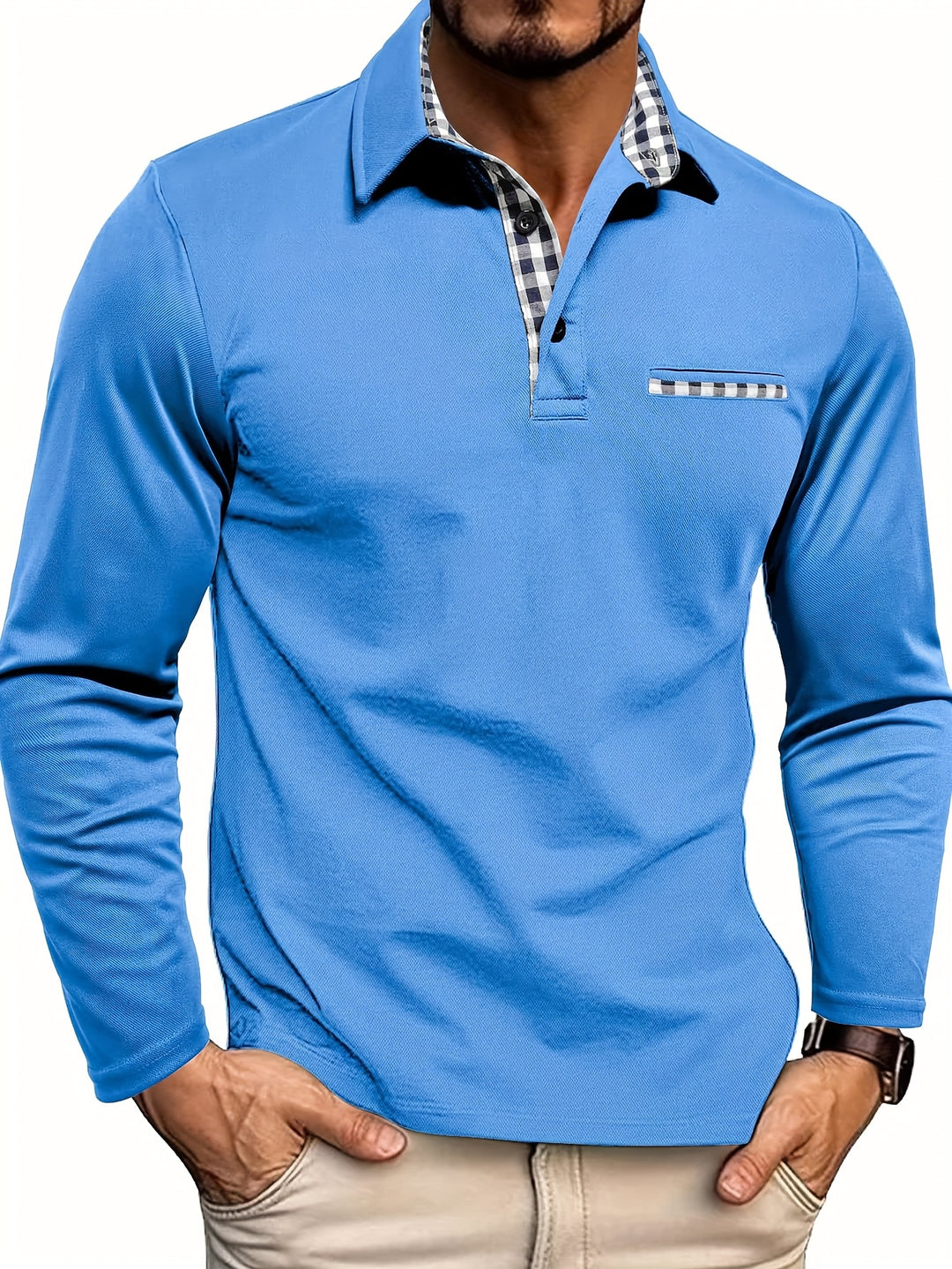 Herren Langarm Hemd mit Knopfleiste - Blockmuster Kragen