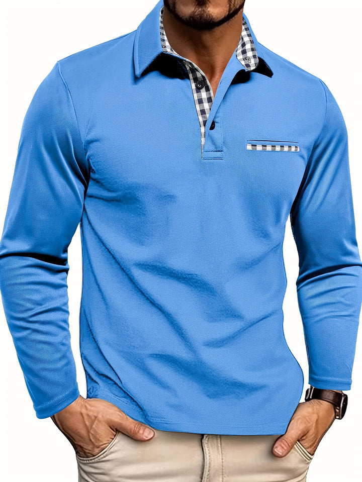 Herren Langarm Hemd mit Knopfleiste - Blockmuster Kragen