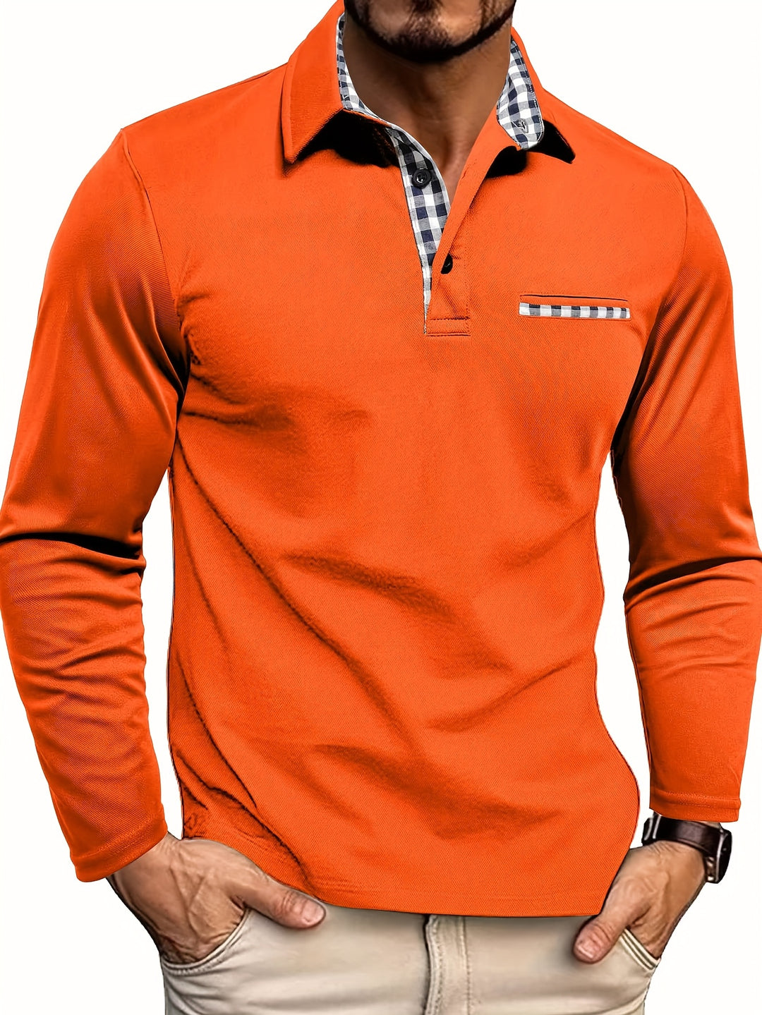 Herren Langarm Hemd mit Knopfleiste - Blockmuster Kragen