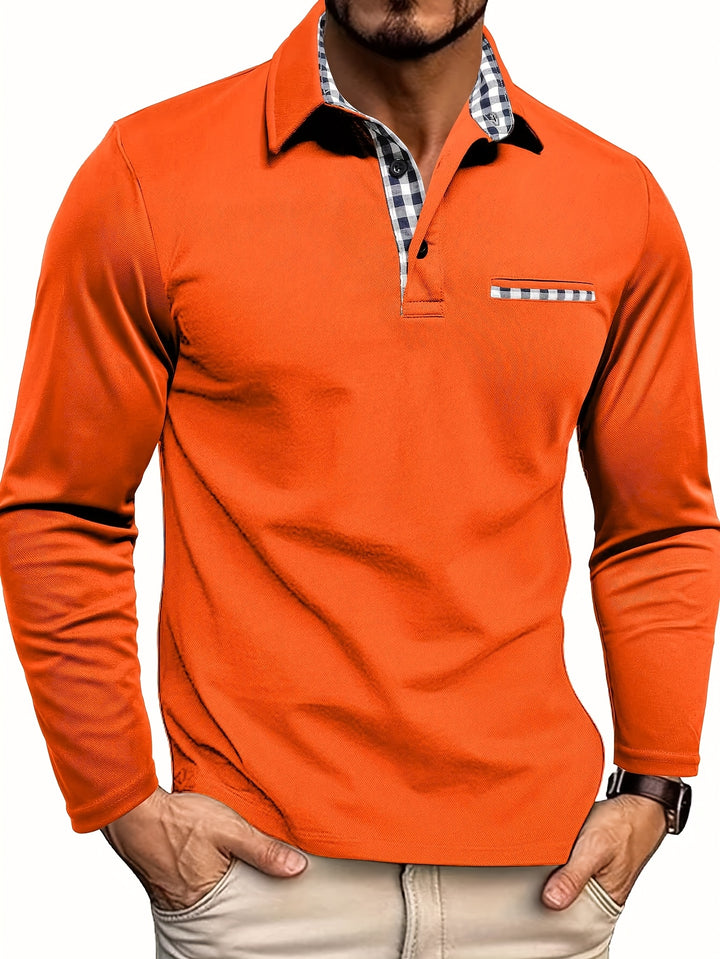 Herren Langarm Hemd mit Knopfleiste - Blockmuster Kragen