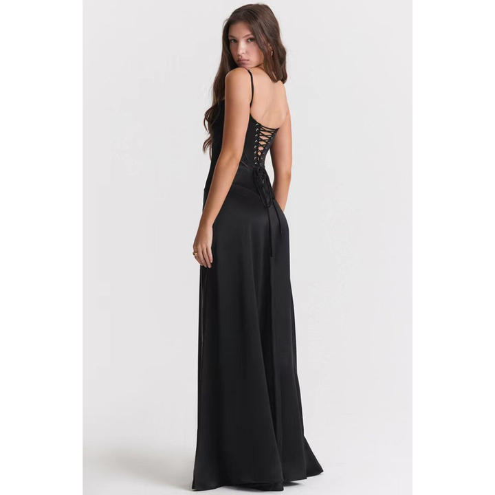 Damen Abendkleid Slim Fit mit Spaghettiträgern und Offenem Rücken – Maxi