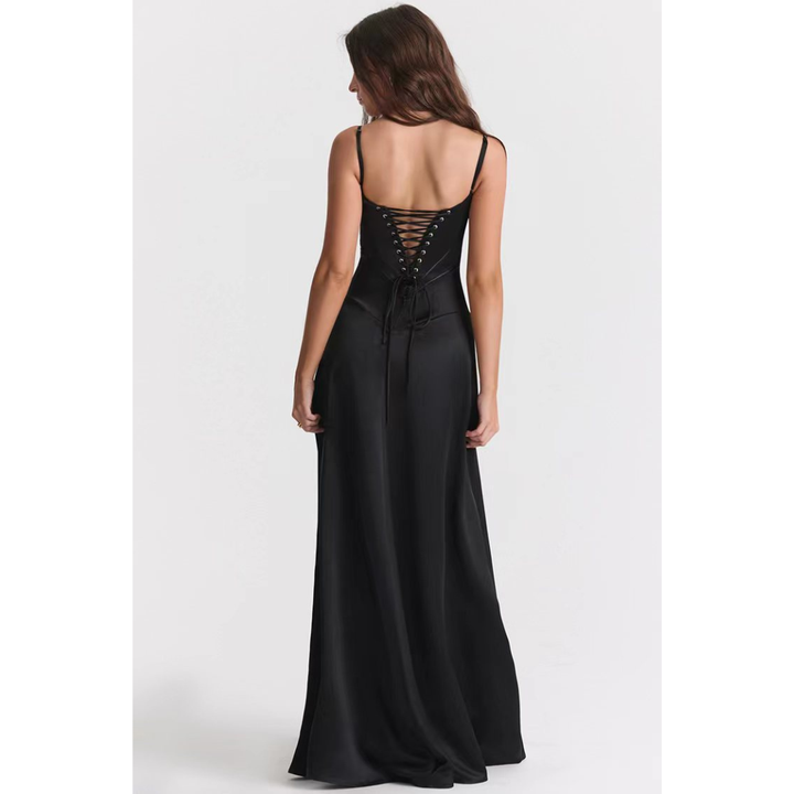 Damen Abendkleid Slim Fit mit Spaghettiträgern und Offenem Rücken – Maxi
