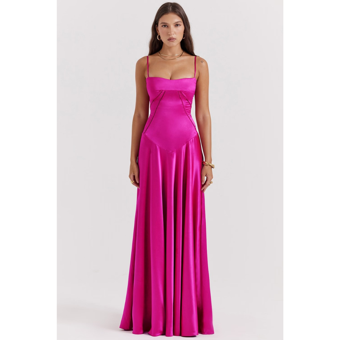 Damen Abendkleid Slim Fit mit Spaghettiträgern und Offenem Rücken – Maxi