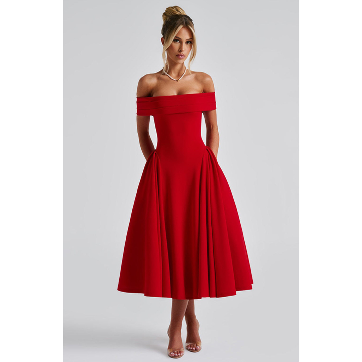 Damen Partykleid mit Schulterfreiem Ausschnitt – Midi